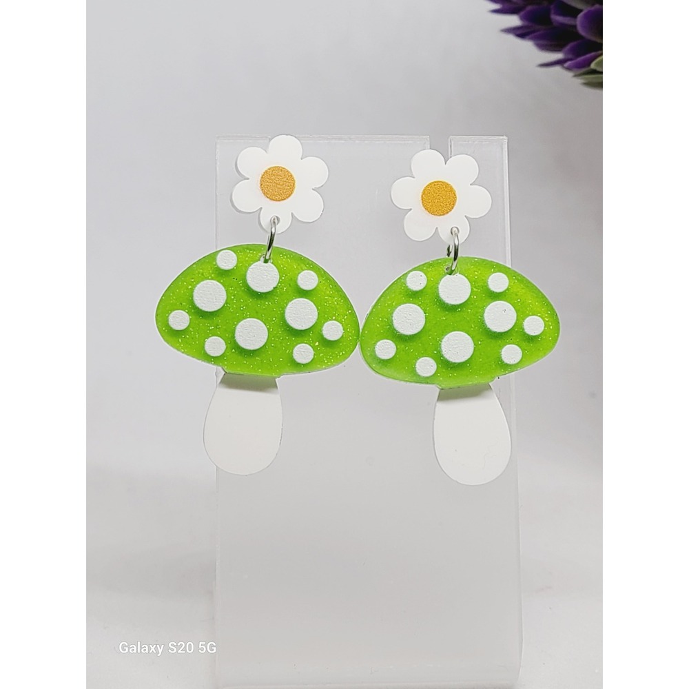 Green Mushroom Daisy Drop Earrings White Polka Dot Acrylic Whimsical Cottagecore